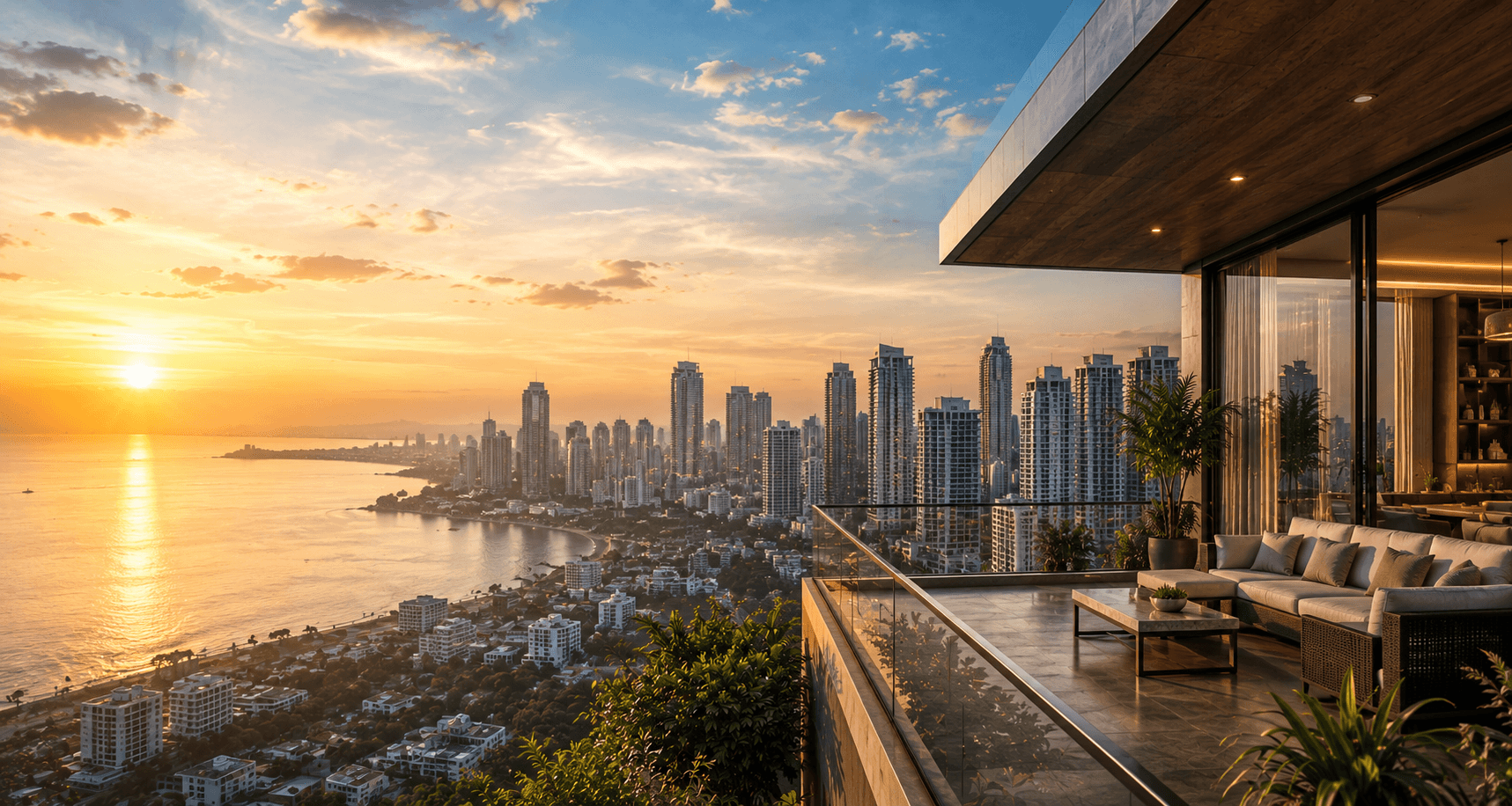 A villa community at sunset, overlooking a lake